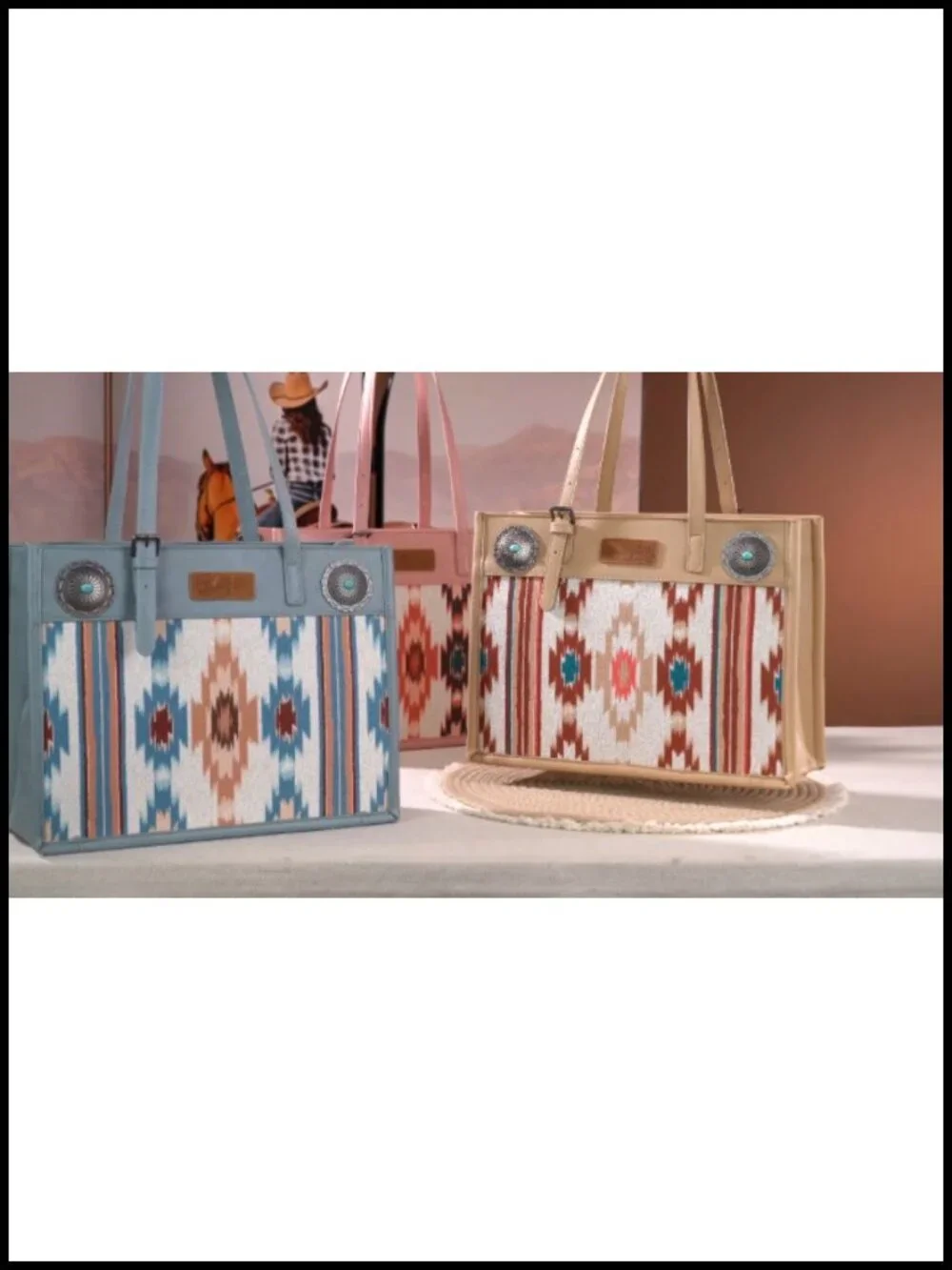 Aztec Print Canvas Shoulder Tote Turquoise Concho Boho Western Handbag